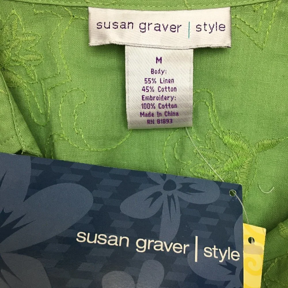 NEW Susan Graver Women's Green Linen Blend Shirt Dress Button Front Belted M